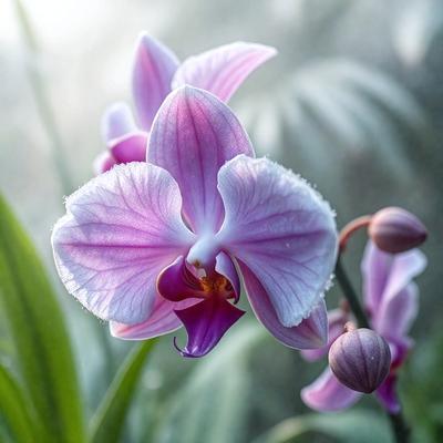 The primary subject of the image is a beautiful pink orchid flower. The setting is a garden, with the flower sitting on a bed of green leaves. The visual style is a close-up of the flower, showcasing its delicate petals and intricate details. The colors and mood of the image are predominantly pink, creating a sense of warmth and elegance.